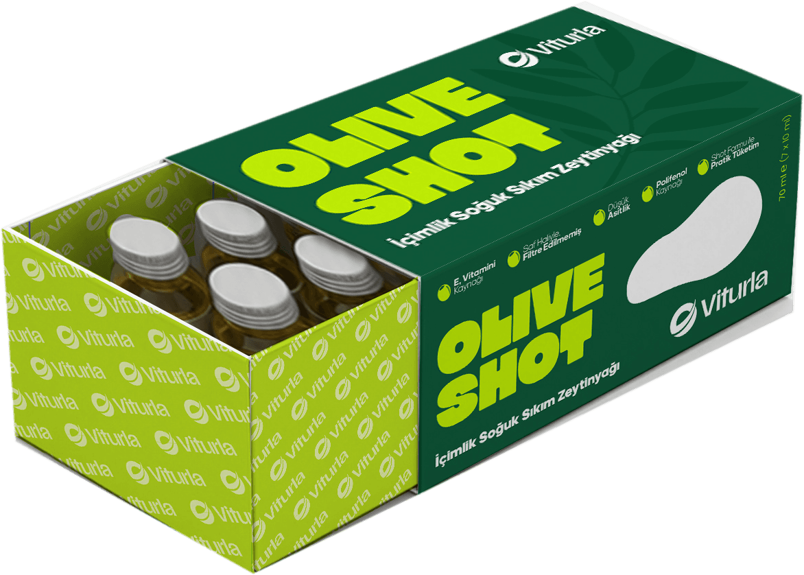 Olive Shot 7'li kutu, çekmecesi açık, içinde shot şişeleri